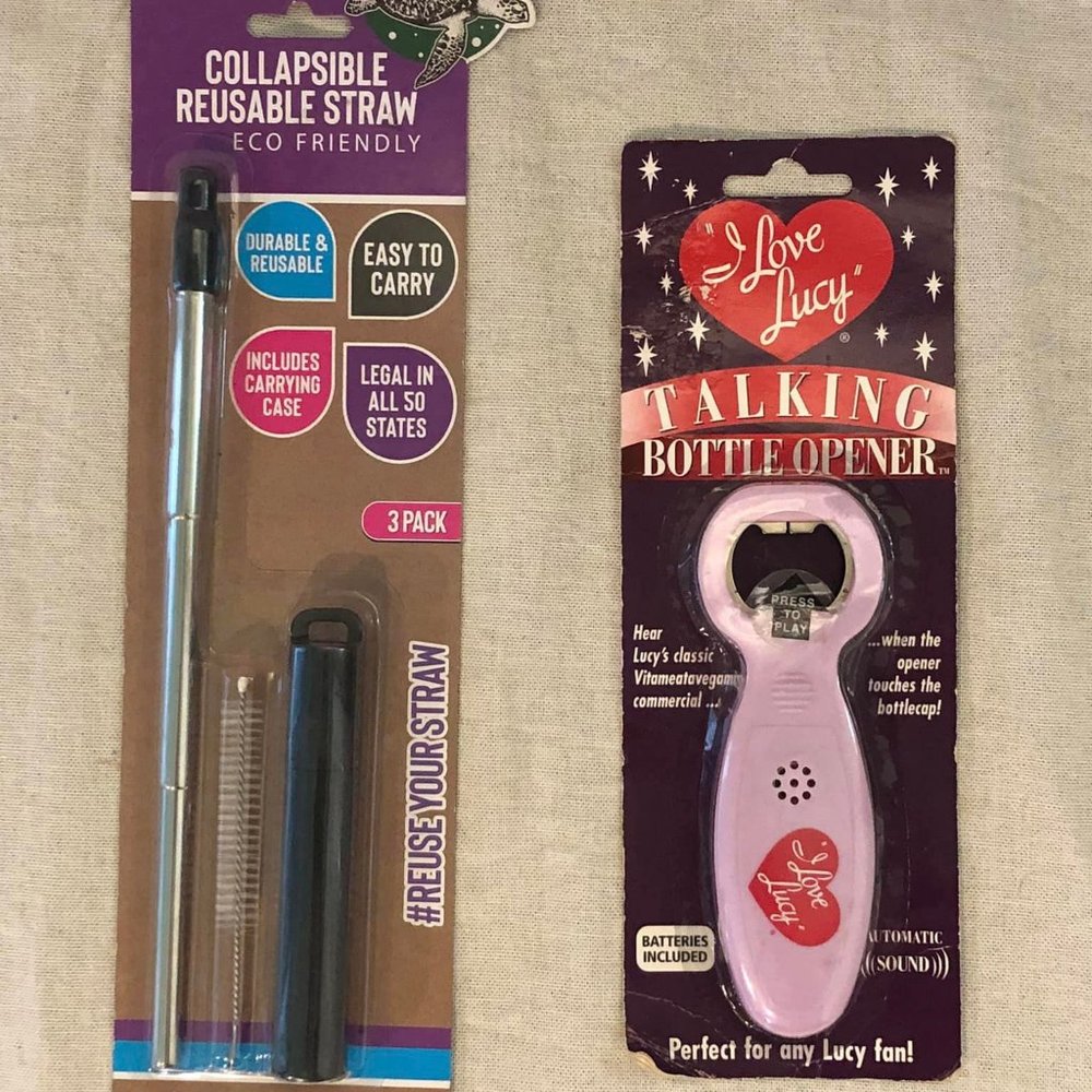 Lot of 2 NIP Collapsible Reusable Straw & NIP I Love Lucy Talking Bottle Opener